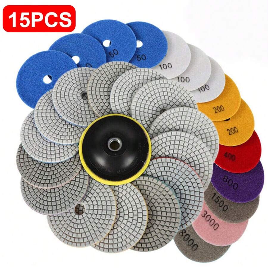 15pcs Diamond Polishing Pads Wet Dry 4 Inch Set Kit For Concrete Marble Tile UK - Multicolor - View 1