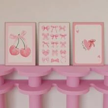 3 件/套无框粉色蝴蝶结樱桃印花极简主义墙饰、潮流艺术海报、学院风房间装饰、粉色房间装饰、美学房间装饰、防水帆布墙饰、艺术品墙画，可作为礼物、卧室、客厅、办公室、浴室、家居和宿舍装饰