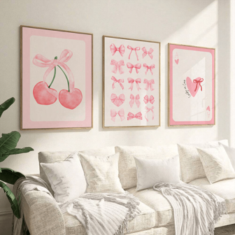 3Pcs/Set Unframed Pink Bow Cherry Printed Minimalist Wall Art, Art Poster, Preppy Room Decor, Pink Room Decor, Aesthetic Room Decor,Waterproof Canvas Wall Art, Artwork Wall Painting For Gift, Bedroom, Living Room, Office, Bathroom, Home And Dormitory Decoration Gifts Birthday Graduation