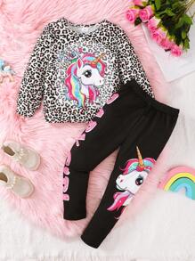 Young Girl Leopard Print Letter & Unicorn Embellished Sweatshirt And Pants 2 Pieces Casual Outfit - Multicolor - View 1