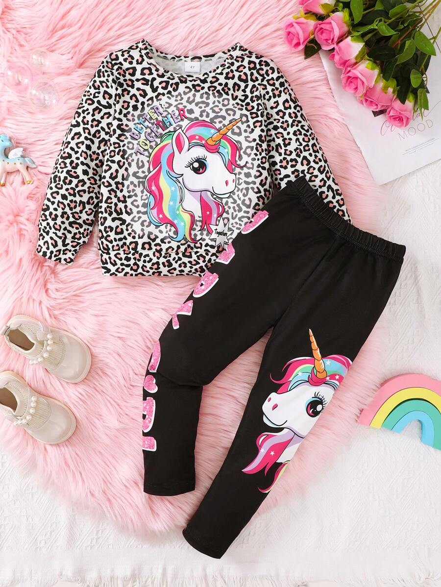 Young Girl Leopard Print Letter & Unicorn Embellished Sweatshirt And Pants 2 Pieces Casual Outfit - Multicolor - View 1
