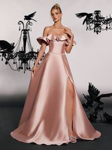 Women's Satin Off-Shoulder Slit Evening Dress With Ruffle Trim - Brown - View 6