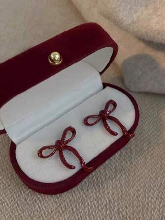 1 par de aretes con diseño de mariposa y lazo, color borgoña para otoño/invierno, uso en el trabajo, casual y diario, para San Valentín