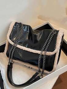 新款时尚多用途纹理冬季仿羊毛和漆皮拼接裂纹图案单肩包，适合大学生和办公室女士，新款皮草钱包 - 黑色 - 查看 1