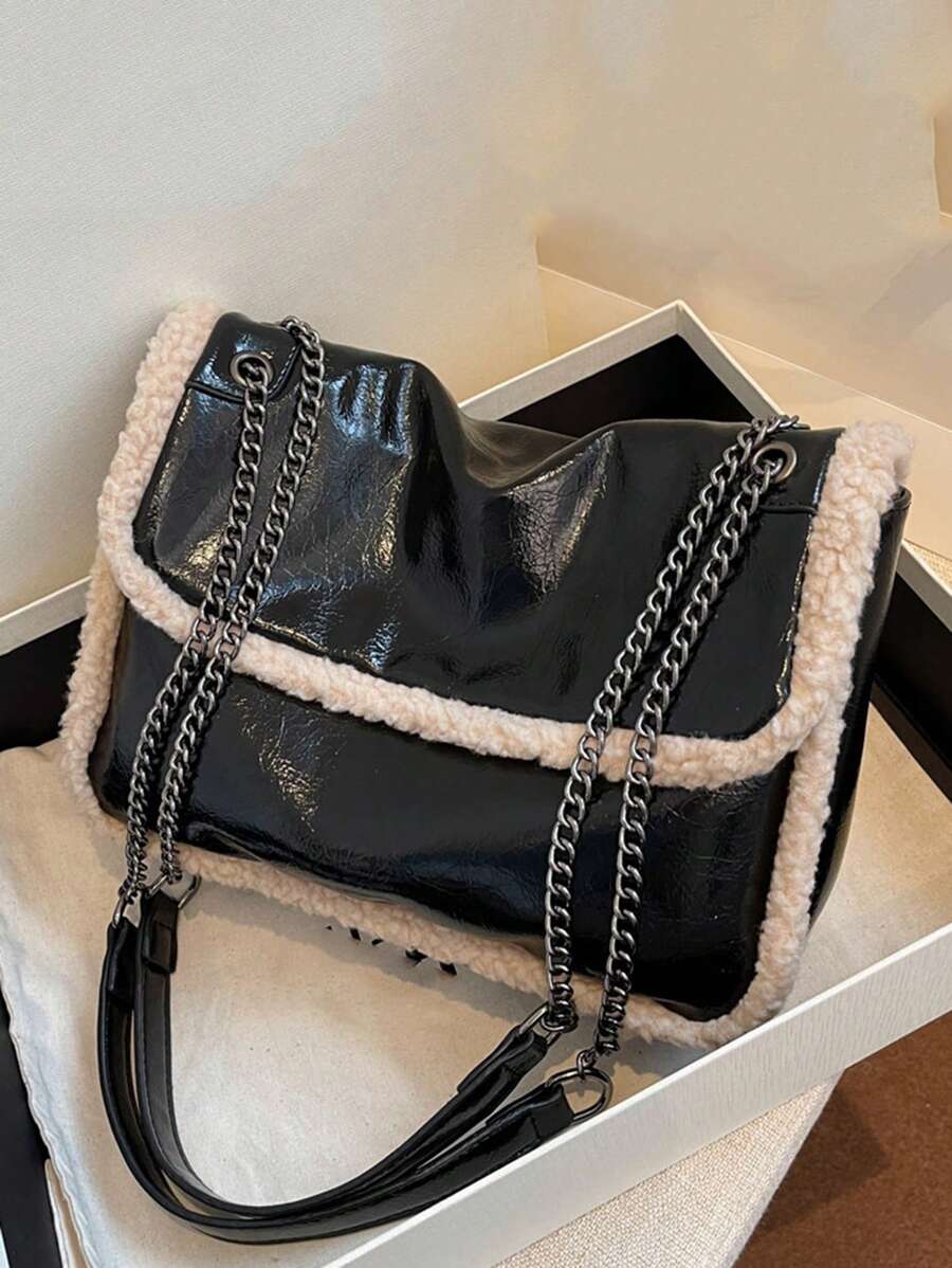 新款时尚多用途纹理冬季仿羊毛和漆皮拼接裂纹图案单肩包，适合大学生和办公室女士，新款皮草钱包 - 黑色 - 查看 1