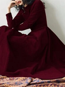 女士休闲纯色斜口袋松紧腰喇叭下摆连衣裙，秋季 - 酒紅色 - 查看 3