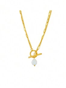 1pc Minimalist Vintage Baroque Pearl Asymmetrical OT Buckle Stainless Steel Double Layer Chain Punk Metal Necklace, Suitable For Daily Wear - Yellow Gold - View 5
