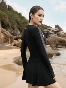 Long Sleeve Rash Guard Tankini With Boyshorts, Slimming, Quick-Drying, High Stretch Swimsuit - Black - View 5