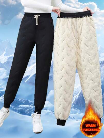 1Pc Women Outdoor Sports Thermal Lined Pants, Thicken Casual Ankle Pants For Autumn/Winter Tights