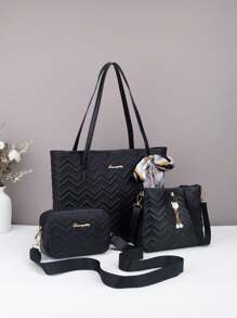 3 件套：双层波浪绗缝单肩手提包，配套迷你方形单肩包和带猫吊坠的水桶包，适合女孩和女士在多种场合穿着