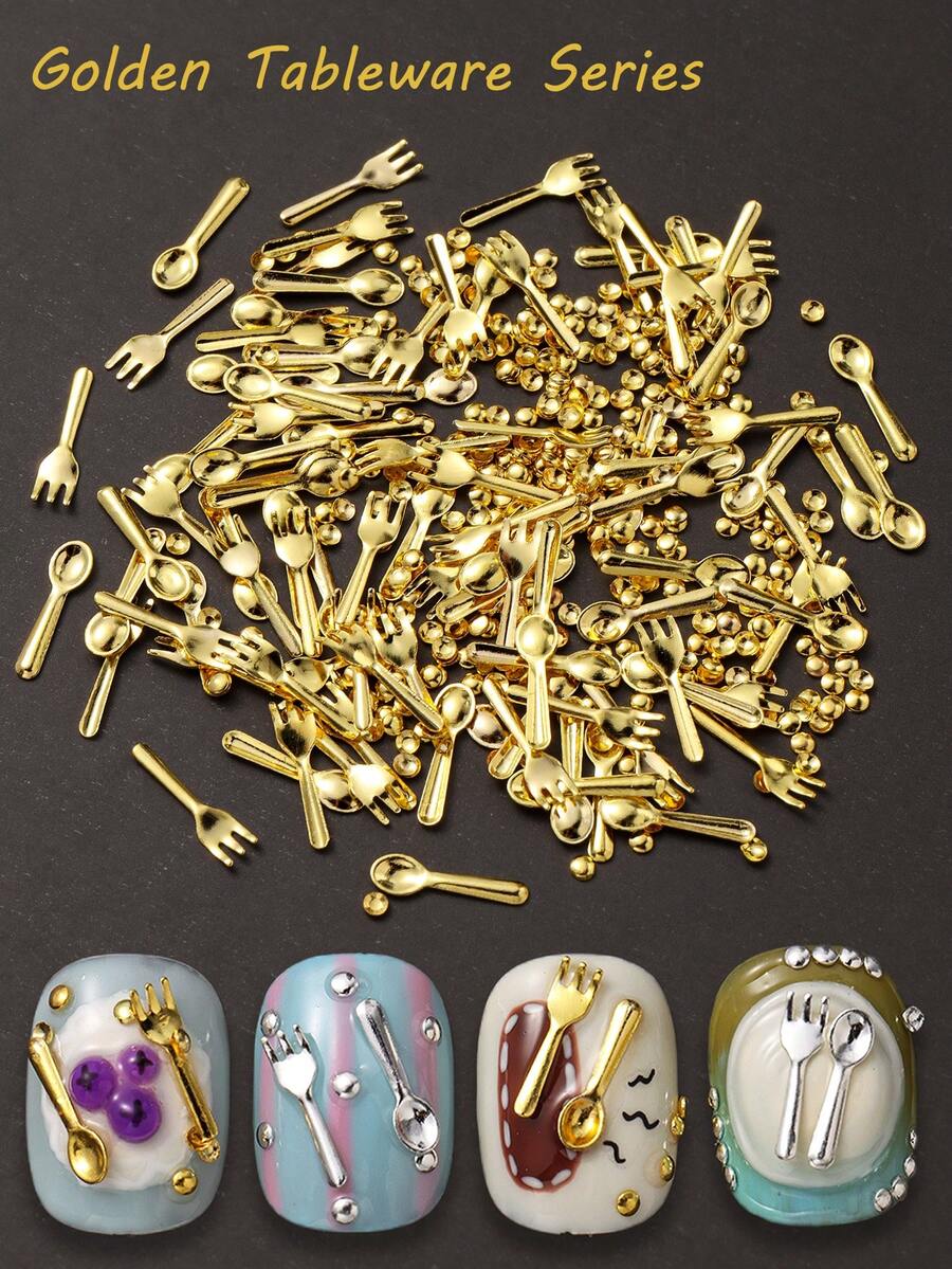 1 包奢华美甲金银餐具系列美甲配件包设计珠宝人物胶美甲装饰配件压指甲 - 金色 - 查看 1