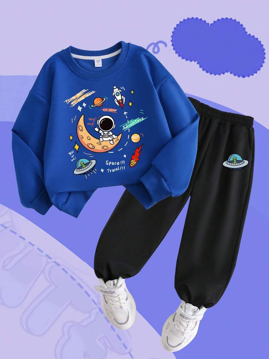 Áo nỉ cổ tròn hình phi hành gia mặt trăng người ngoài hành tinh cho bé trai thời trang thu đông thoải mái giản dị - Nhiều màu - Xem 1