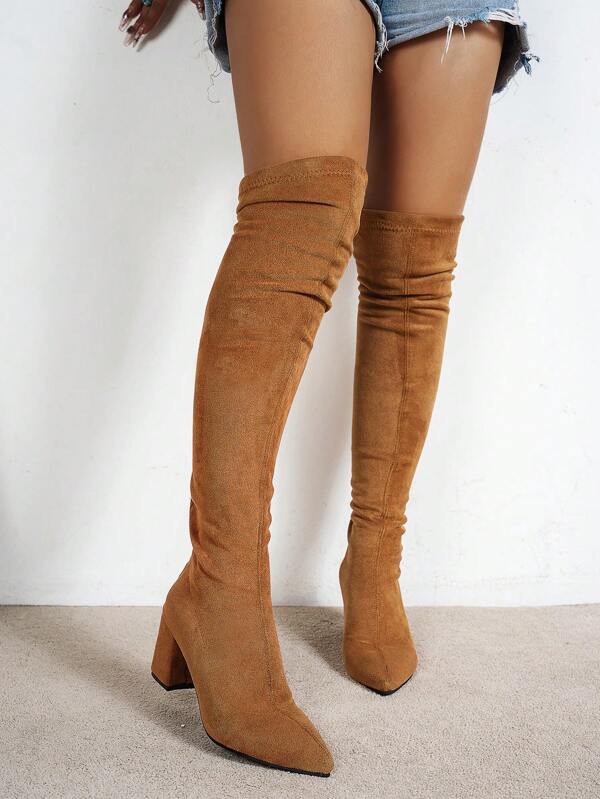 بوت نسائية طويلة حتى الركبة مع سحاب، رؤوس مدببة، كعب سميك، متعددة الاستخدامات لجميع الفصول، تناسب ارتداء السترات، بوت سيدة جذابة