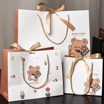Cute Cartoon Bear Print Creative Handbag Gift Bag With Ribbon, Suitable For Festivals, Birthdays, Parties, Daily Gift PackagingValentine's Day Packaging Bag