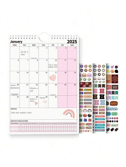 1 caderno mensal espiral, semanal, mensal, para uso familiar, planejador de estudos com lista de tarefas, notas importantes de projetos, cronograma + 3 adesivos, para material escolar, volta às aulas