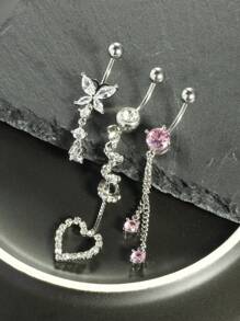 1-3pcs/Set Rhinestone Bow Decor Navel Belly Ring Unsiex Stainless Steel Dangle Belly Button Rings Pink Heart Flower Butterfly Body Piercing Jewelry Navel Belly Bar Gift For Any Occasion Valentines,Mom,Mother,Mother's Day,Gift - Belly Ring - View 18