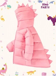 Young Girls Solid Color Hooded Long Sleeve Warm Pockets Zip-Up Dinosaur-Shaped Padded Warm Jacket For Winter - 西瓜粉 - 查看 7