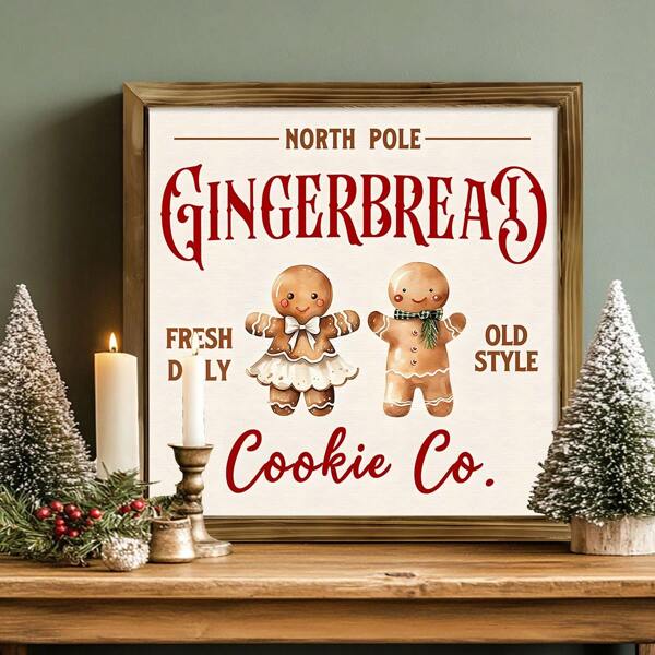 1 peça North Pole Gingerbread Cookie Classic Style Wall Art, decoração de cozinha rústica de fazenda, orientação horizontal, formato quadrado, 7,87 x 7,87 polegadas, quadro de pôster emoldurável, arte de parede em tela