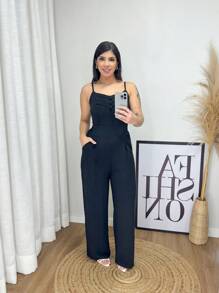 Women's Long Pantaloon Jumpsuit With Elastane On The Back - màu đen - Xem 1