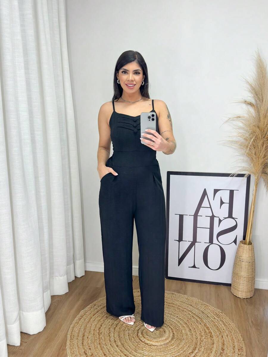 Women's Long Pantaloon Jumpsuit With Elastane On The Back - màu đen - Xem 1