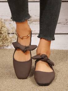 2025 Autumn New Spring/Summer Low-Cut Versatile Bow Accent Soft Leather Square Toe Flats Valentines,Ballet Flats - Coffee Brown - View 3