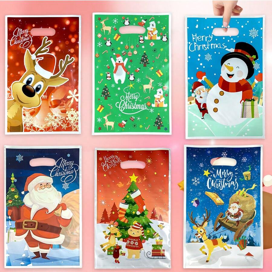 30/60 件圣诞塑料礼品袋、驯鹿雪人糖果袋、圣诞派对礼品袋、雪花熊圣诞树雪橇圣诞老人设计、适合朋友生日派对或学校促销派对、时尚礼品袋、万圣节、万圣节装饰 - 彩色 - 查看 1
