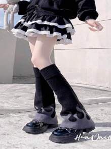 1 Cặp quần tất giữ ấm chân họa tiết ngọn lửa và ngôi sao cho nữ, quần tất giữ ấm chân ở mắt cá chân thích hợp cho trang phục thường ngày, ngoài trời và hẹn hò ban đêm - tro đen ngọn lửa - Xem 3