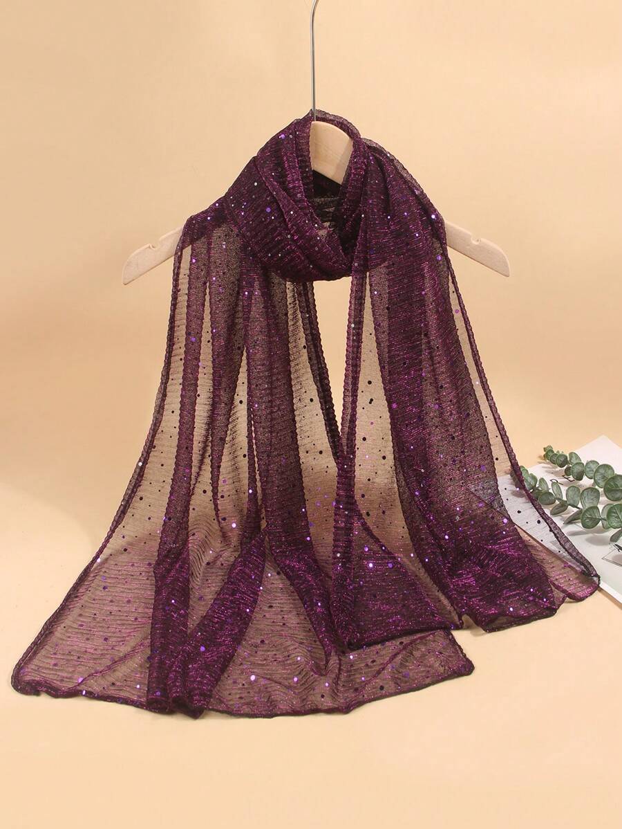 1件装女士轻薄纯色亮片头巾，可作头巾、中东头巾、装饰披肩、防晒沙滩巾，适合日常使用 - 紫色 - 查看 1