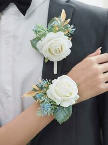 2 件套白色公主玫瑰和满天星花头饰和腕带，浪漫优雅，适合婚礼、舞会、周年纪念日情人节