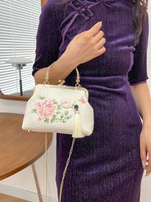 Embroidered Women's Handbag, Chinese Style Tote Shoulder Messenger Bag With Pearl Chain, Cheongsam Style Cross-Border Bag