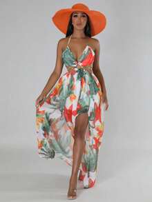 Vestido de muslo con abertura con estampado tropical de espalda abierta con nudo de cuello halter - Blanco - Ver 3