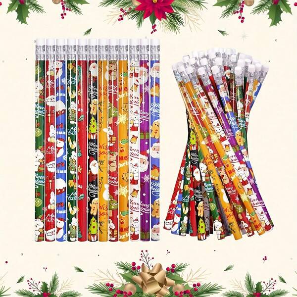 Christmas Decoration 48/36/24/12pcs Christmas Cartoon HB Pencils Set For Kids/Students, Stationery, Graduation Gifts, Writing Tools