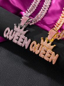 1set Women's Pink Rhinestone Studded Hip Hop Nightclub Style Letter Crown "KING" "QUEEN" Pendant Necklace Jewelry Set, Personalized Crown Design With Sparkling Crystals, Suitable For Daily Wear And Party Accessories