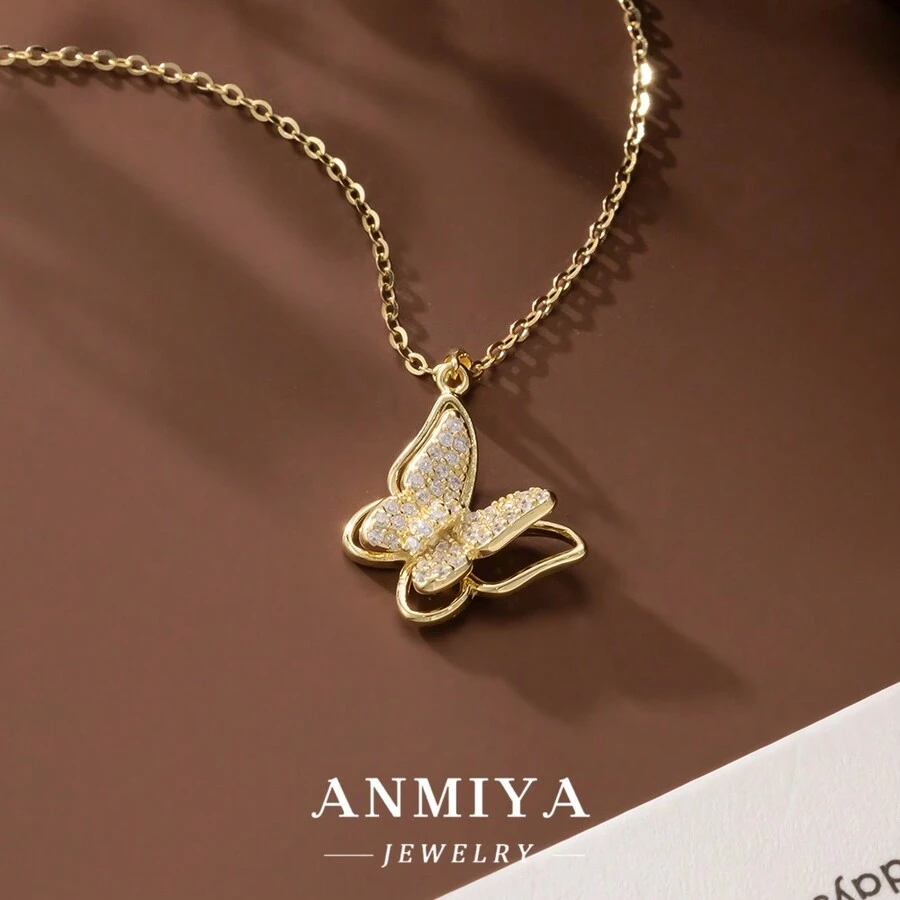 ANMIYA Dây chuyền sang trọng tinh xảo Trang sức Bạc Sterling 925 Mặt dây chuyền hình con bướm Dây chuyền mạ vàng 18K dành cho phụ nữ - Vàng - Xem 1