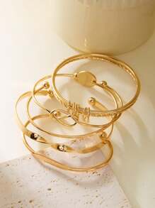 5pcs Vintage Personalized Exaggerated Asymmetrical Alloy Wide Bracelet Set - Yellow Gold - View 4