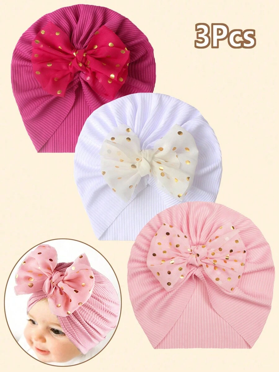 3pcs Newborn Baby Girl Shiny Bow Hat Set With Soft Ear Flaps, Brimless Cap - Hot Pink - View 1
