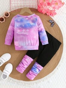 Bộ 2 quần dài tay in hình bướm và thiết kế bong bóng cho bé gái, trang phục thường ngày ấm áp cho gia đình và ngoài trời - Màu tím - Xem 2