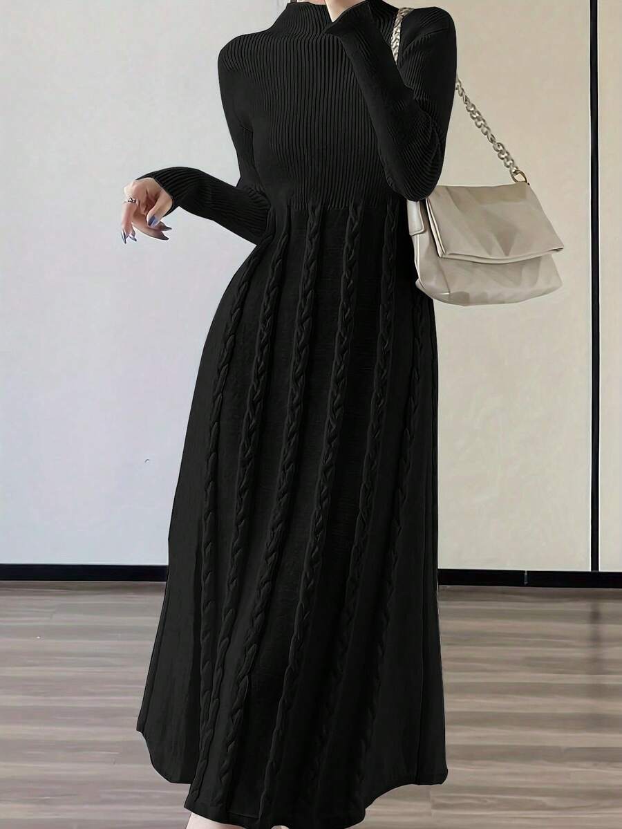 Gaun Sweater Midi Rajut Kabel Leher Tinggi Gaya Hong Kong Sederhana dan Elegan untuk Wanita - Hitam - View 1