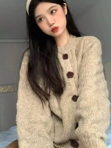 Women Loose Casual Retro Knitted Cardigan, For Autumn And Winter