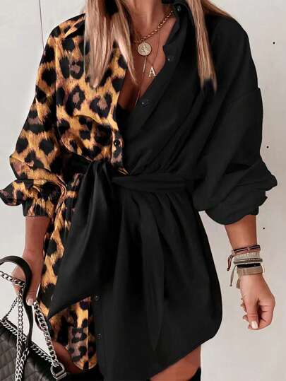 Women's Color Block Random Leopard Print Shirt Dress, Music Festival Spring Vacation Elegant
