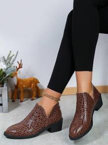 Women V-Cut Country Casual Rear Zipper Chunky Heel Ankle Boots, American Cut Style Boots, Solid Color Zipper Work Short Boots Embossed Leather Women Vacation Ankle Boots, Round Toe Comfy Low Heel Dress Boots Gothic Style Women Boots - Camel - View 7