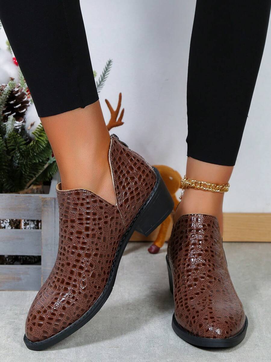 Women V-Cut Country Casual Rear Zipper Chunky Heel Ankle Boots, American Cut Style Boots, Solid Color Zipper Work Short Boots Embossed Leather Women Vacation Ankle Boots, Round Toe Comfy Low Heel Dress Boots Gothic Style Women Boots - Camel - View 1