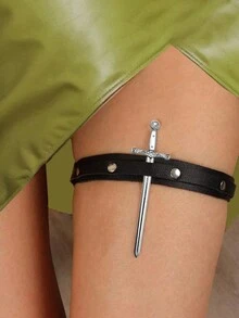 1pc Women Black Harness Belt Sword Prop Decor PU Leather Leg Ring Thigh Band Steampunk Baddie Outfits Night Out Costume Accessory