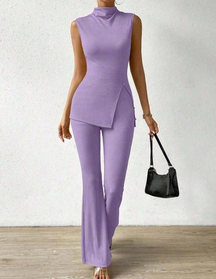 Flare Pants Set With Side Cut Top - 紫丁香色 - 查看 1
