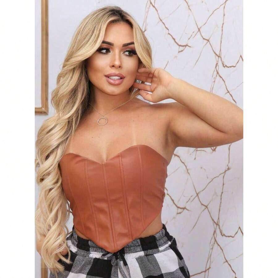 Cropped Top Corset Faux Leather Party With Beautiful Bat Cup - Lạc đà - Xem 1
