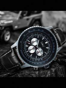 JARAGAR 1 件男士时尚运动自动机械表夜光指针小表盘皮革表带商务休闲男士手表礼物 - 黑色 - 查看 4