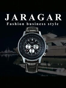 JARAGAR 1 件男士时尚运动自动机械表夜光指针小表盘皮革表带商务休闲男士手表礼物 - 黑色 - 查看 8