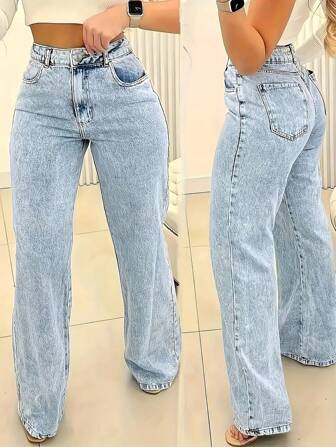 2025 New Vintage Casual Straight Leg Ultra Skinny High Waist Fashionable Washed Blue Jeans For Women