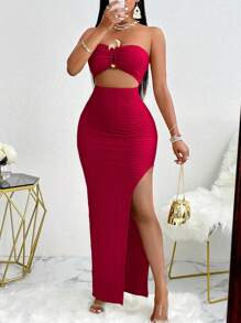 AIJ Amarilo Vacation Sexy Hollow-Out Decor Button Side Split Fitted Maxi Cami Dress - Red - View 6