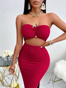 AIJ Amarilo Vacation Sexy Hollow-Out Decor Button Side Split Fitted Maxi Cami Dress - Red - View 5